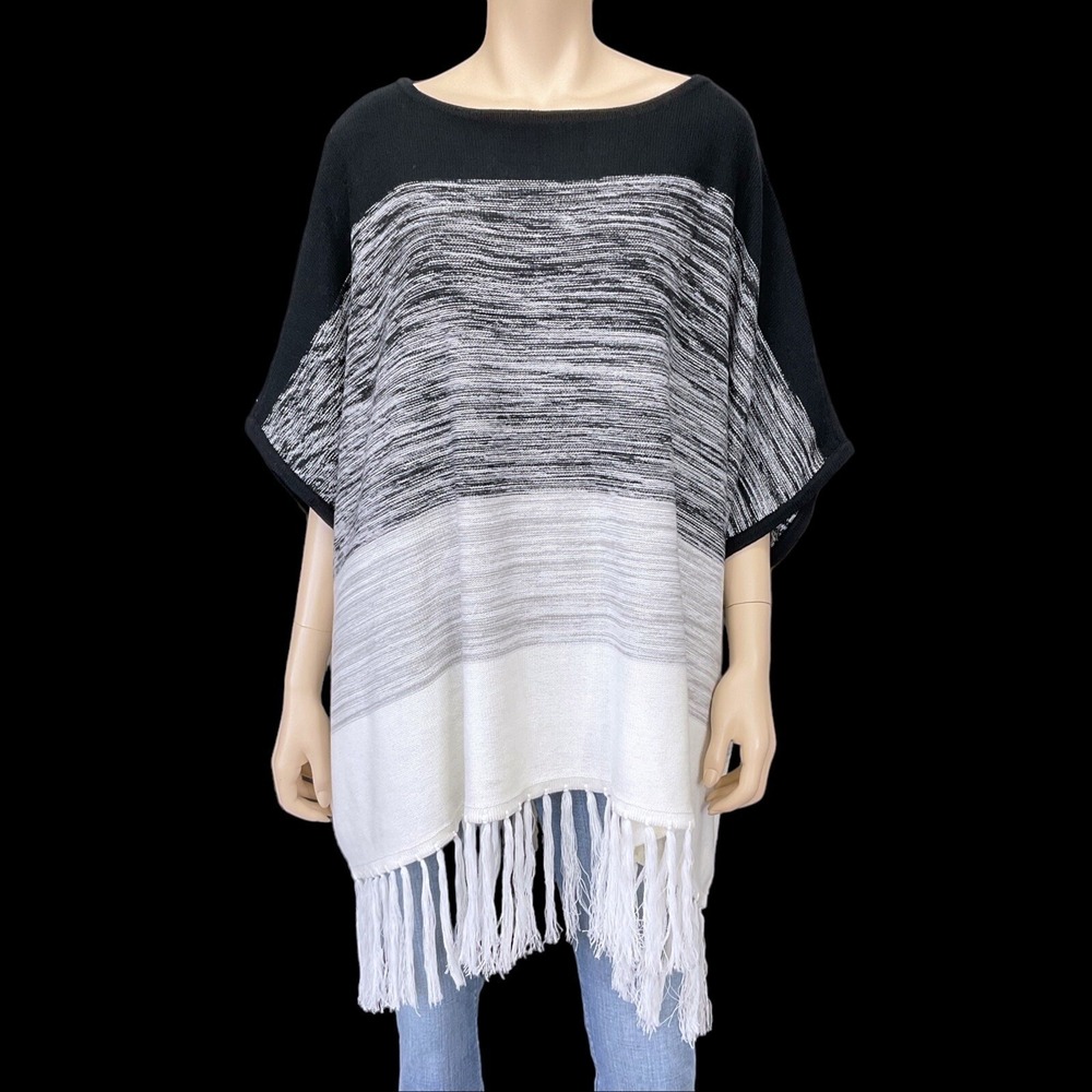 Cremieux Sweater Women Medium Black White Stripe Poncho‎ Dillards NWT